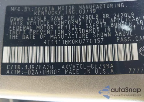 2019 Toyota Camry Le z USA, uszkodzony, nr VIN 4T1B11HK0KU770157